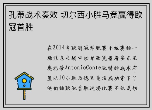 孔蒂战术奏效 切尔西小胜马竞赢得欧冠首胜