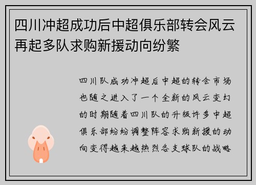 四川冲超成功后中超俱乐部转会风云再起多队求购新援动向纷繁