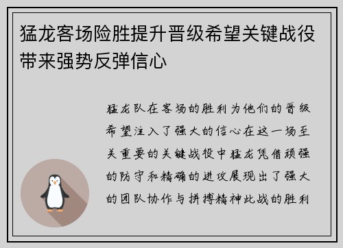 猛龙客场险胜提升晋级希望关键战役带来强势反弹信心